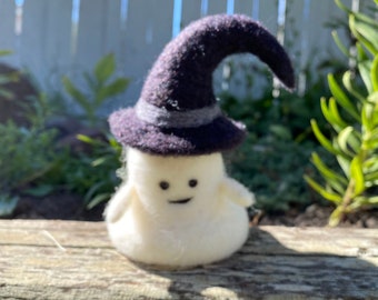 Spooky Cute Kawaii Ghost with Removable Witch Hat Fall Halloween Needle Felted Figure Decor