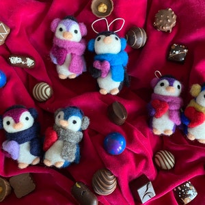 Christmas Winter Penguin with Heart Ornament - Needle Felted Wool Sculpture Figure