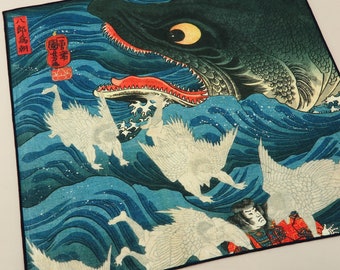 Japanese Art Handkerchief Ukiyo-e Kuniyoshi Utagawa Blue 13.8”x13.8”(35x35cm) Novelty Goods Japanese Fabrics Handkerchiefs , Made In Japan