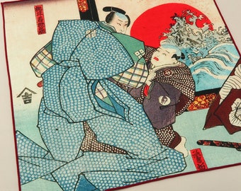 Ukiyo-e Japanese Art Handkerchief Ukiyo-e Kuniyoshi Utagawa Blue tones Novelty Goods Japanese Fabrics Handkerchiefs , Made In Japan