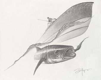 Cobia Sight Fishing Graphite Pencil Sketch Print on Textured Watercolor Paper | 14 x 17-inch