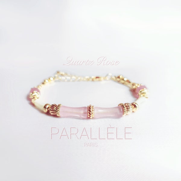 Bracelet quartz rose, nacre, or rempli 14k | bracelet fin | perle style bambou naturelle | bijoux lithothérapie et minimaliste | fait main