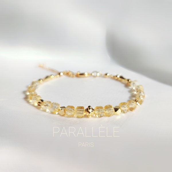 Bracelet citrine facette cube | or rempil 14k | bijoux fait main travail délicat | Cadeau noël femme unique | lithothérapie pierre précieuse