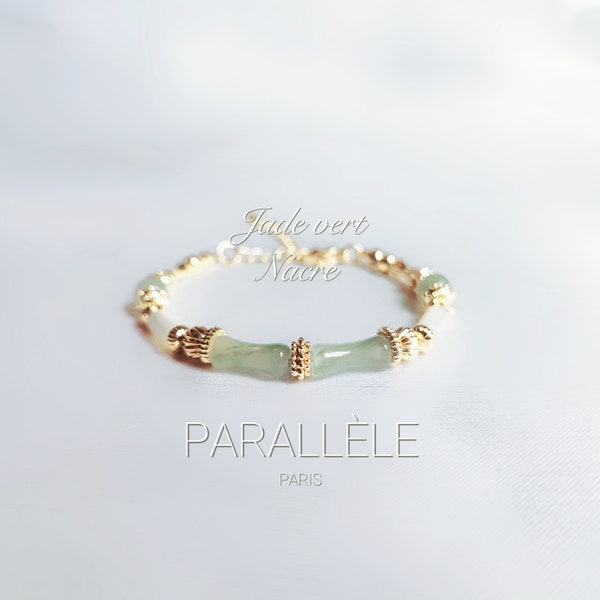 Bracelet Jade | nacre | or rempli 14k | bijoux fin | style bambou | pierre précieuse | lithothérapie | bijoux minimaliste | bijoux fait main