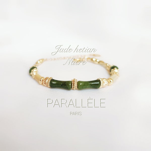 Bracelet Jade et nacre or rempli 14k | bijoux fin style bambou | pierre précieuse lithothérapie | Parallèle bijoux délicat fait main unique