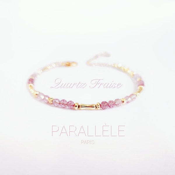 Bracelet quartz fraise | or rempli 14k | cadeau noël femme délicat intemporel | bijoux gemme rose précieuse | lithothérapie fait main unique