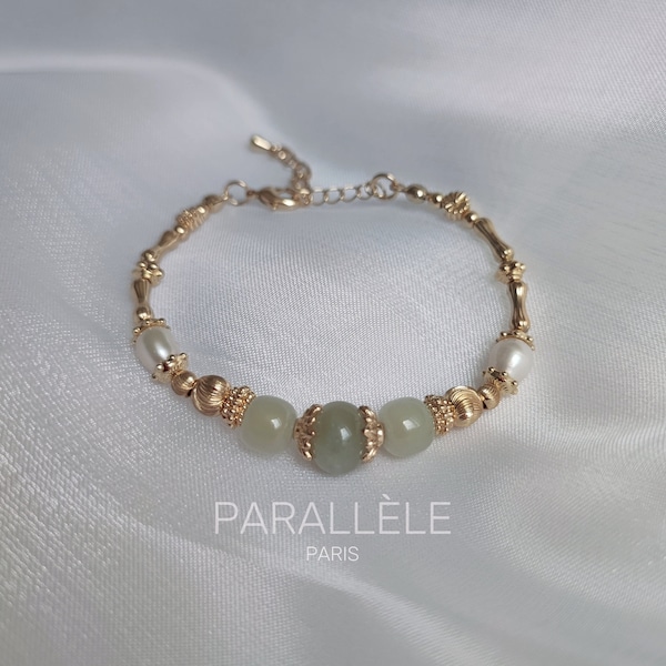 Bracelet Jade 3A+ et perle d'eau douce | style rocaille fait main unique | bijoux noble délicat idée cadeau | pierre précieuse lithothérapie