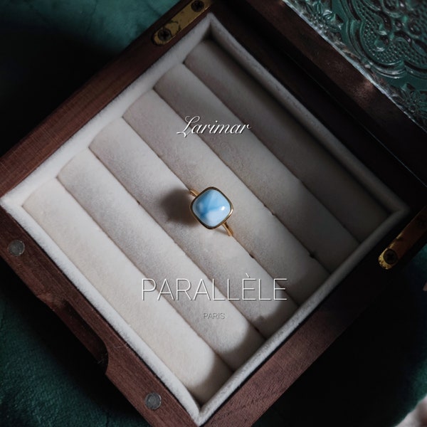 rare square larimar ring in solid 925 silver 18k gold plated | spiritual jewelry | Christmas gift for girl | timeless jewelry unique handmade model