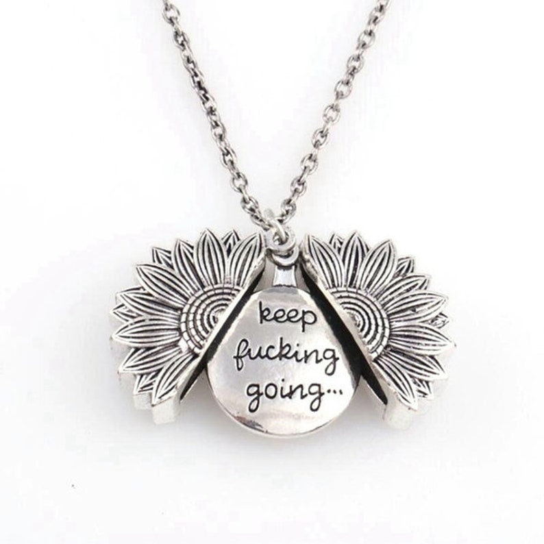 Silver Tone Necklace Keep Fcking Going Sunflower Locket