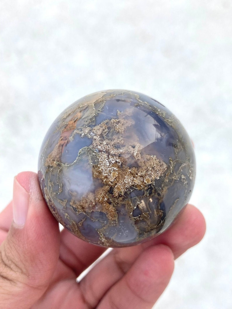 Yellow Moss Agate Sphere with Blue Chalcedony Inclusions | Moss