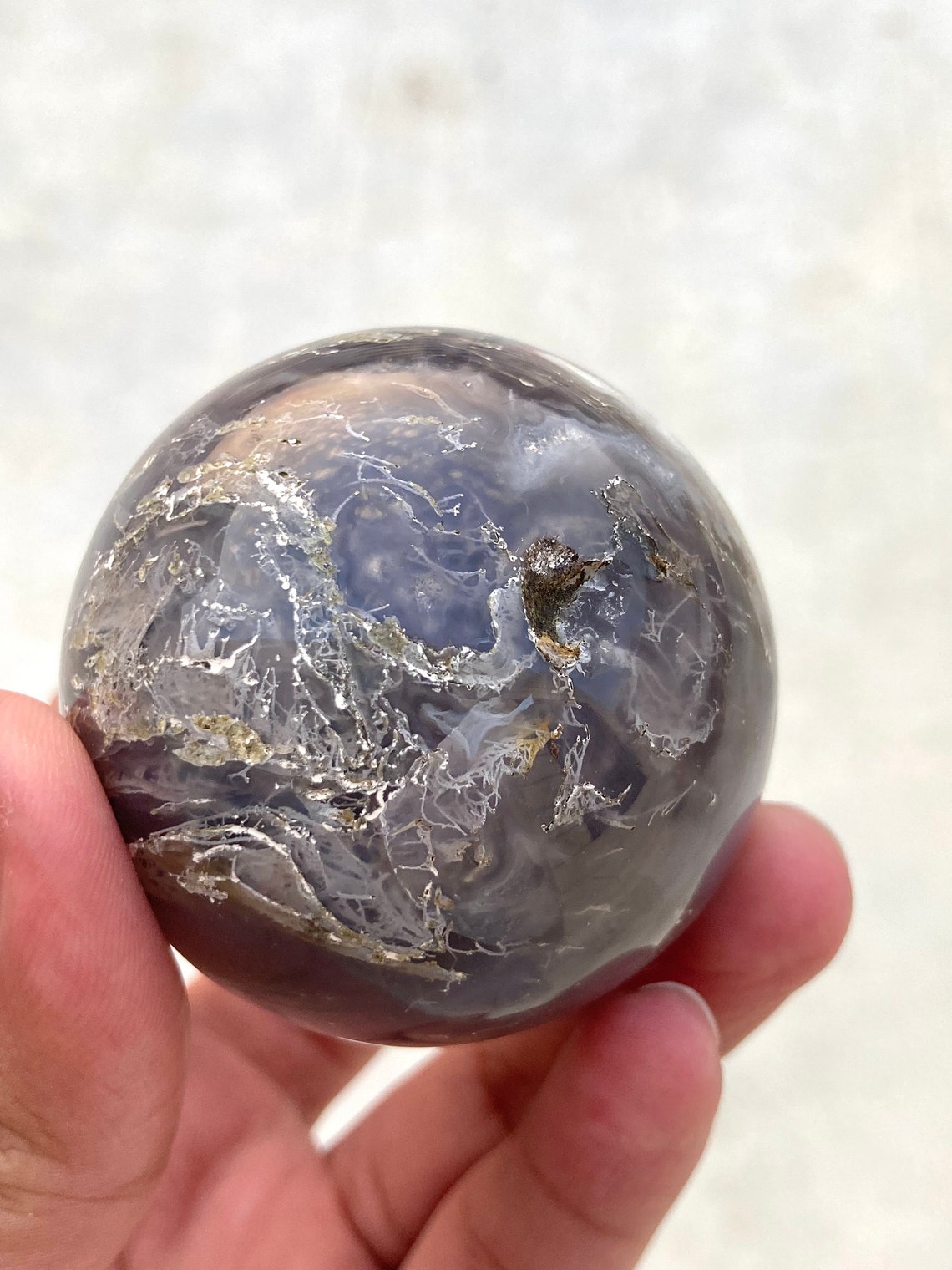 Gorgeous Moss Agate Sphere With Blue Chalcedony Inclusions | Etsy UK