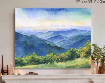 Impresión de acuarela de las Montañas Blue Ridge: arte mural con paisaje de los Apalaches
