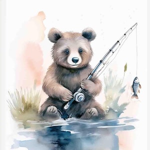 Teddy Bear Fishing Wall Art Watercolor Bear Fishing Nursery Decor Teddy Bear Print For Kids Room Decor New Baby Gift Teddy Bear Goes Fishing