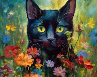 Black Cat in Flower Garden Art Print
