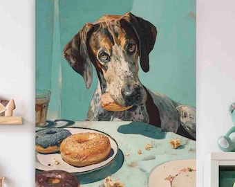 Donuts Wall Art - Retro Kitchen Decor Funny Dog Eating Print (Paper or Canvas)