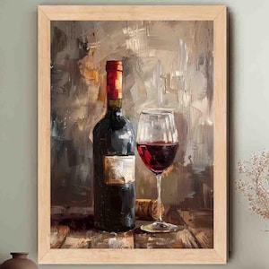 Red Wine Wall Art Elegant Wine Glass and Red Wine Bottle Print Wine Cellar Wall Decor| Giclee Print on Paper or Ready To Hang Canvas Options