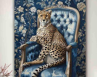 Impresión artística de guepardo: animal de estilo vintage sobre arte floral azul (papel o lienzo)