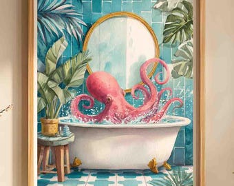 Octopus in Bathtub Art Print | Funny Bathroom Décor (paper or canvas)