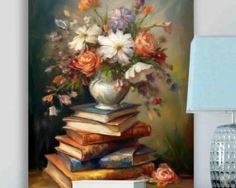 Books and Flowers Print: Cottage Art Still Life Academia Décor
