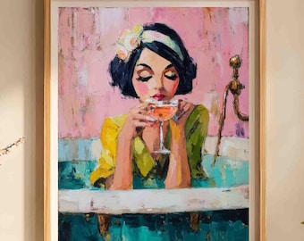 Impresión de una glamurosa mujer bebiendo en la bañera, estilo Art Déco, de los años 20.