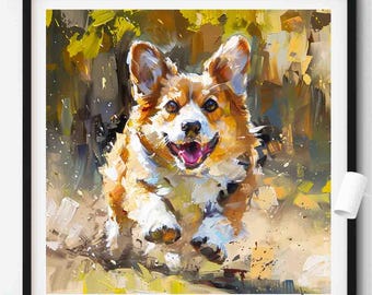 Puede incluir: Una impresión artística enmarcada de un perro Corgi corriendo. La pintura utiliza una paleta de colores cálidos, incluyendo naranja, marrón y amarillo, con pinceladas visibles. Se enfatiza la expresión feliz del perro.