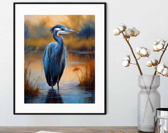 Blue Heron Art Print: Marsh Sunrise Coastal Wall Art Grandmillenial
