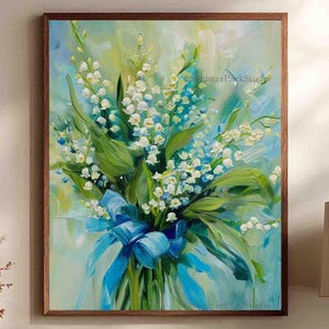 Lily of the Valley Art Print: Bell-Shaped Flowers Wall Decor Blue Bow Floral