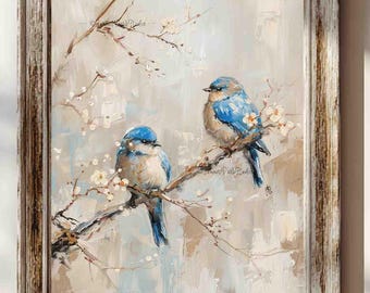 Bluebirds and Blossoms Art: Nature Decor, Floral Print (Paper or Canvas)