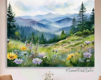 Smoky Mountains Watercolor Art Print, National Park Landscape, Forest Wall Art