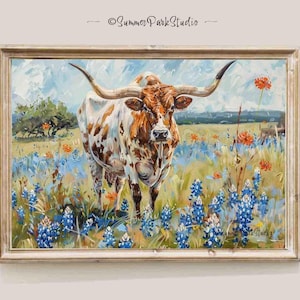 Texas Longhorn & Bluebonnet Art: Western Home Decor, Giclee Print