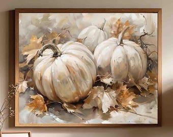 Pumpkin Art: Fall Wall Decor White Pumpkins Print Rustic Farmhouse Autumn Neutral Artwork
