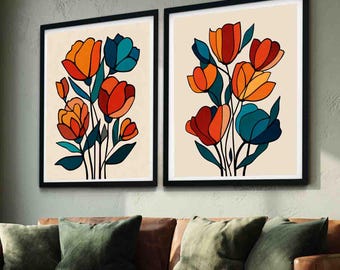 Retro Floral Art | Set of 2 Prints Mid-Century Modern Décor (paper or canvas)