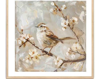 Sparrow Bird on Branch Print: Beige Minimalist Cottage Wall Art