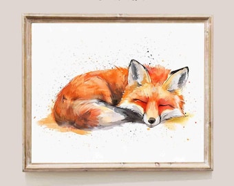 Sleeping Fox Watercolor Print: Woodland Nursery Art Boho Animal Portrait