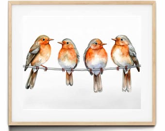 May include: Watercolor print of four small birds perched on a wire. The birds have orange breasts, gray and brown wings, and are set against a white background. The artwork is framed in a light wood frame.