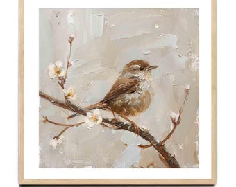 Sparrow Bird Print: Beige Minimalist Art, Cottage Wall Décor