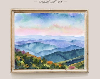 Impresión de acuarela de las Montañas Blue Ridge: arte mural con paisaje de los Apalaches