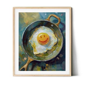 Fried Egg Print: Whimsical Kitchen Diner Art Green Decor