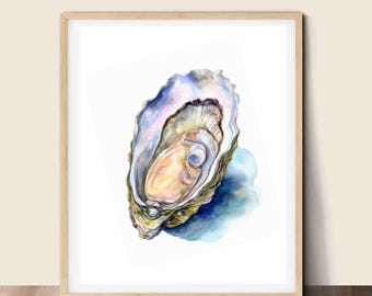 Oyster Shell Watercolor Print, Coastal Kitchen Art