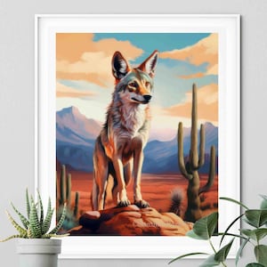 Coyote Desert Art Print: Southwest Landscape, Cactus Wall Decor