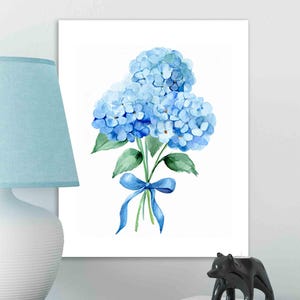 Blauwe hortensia's aquarel print hortensia kunst aan de muur blauwe kust print botanische muur kunst aquarel bloemsierkunst, papier en canvas opties