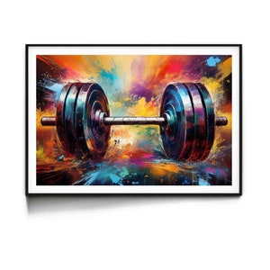 Arte mural con grafiti y barra, levantamiento de pesas, arte para gimnasio en casa, opciones de papel y lienzo listo para colgar, arte mural grande para gimnasio