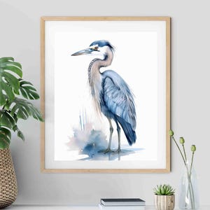 Blue Heron Watercolor Print: Coastal Grandmillennial Bird Art