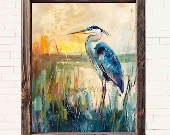 Blauwe reigerkunst - kustmoerasprint vogel muurdecoratie wilde dieren (papier of canvas)