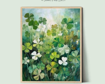 May include: A painting depicting a field of green four-leaf clovers with white flowers. The artwork is painted in a realistic style and has a soft, dreamy feel.