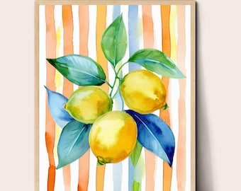 Lemon Watercolor Print - Striped Wall Décor Lemons Kitchen Art (Digital Download)
