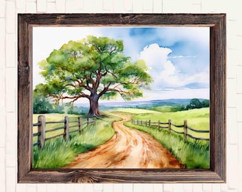 Oak Tree Watercolor Print: Rustic Farmhouse Landscape Art