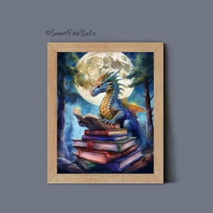 Dragon Reading Book Art Print: Fantasy Sci-Fi Kids Room Decor