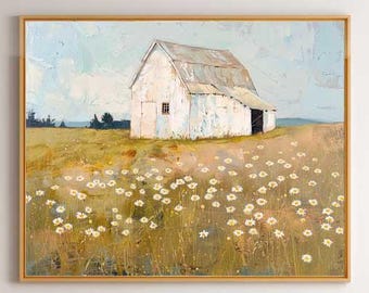 May include: A framed landscape painting depicts a white barn in a field of wildflowers under a blue sky. The painting hangs above a bed with yellow pillows and a gray blanket. A lamp and nightstand are on either side.