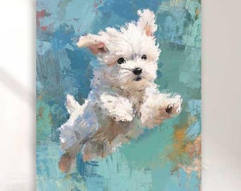 May include: A canvas print featuring a white puppy in mid-air against a blue and teal background. The artwork has a textured, painterly style, with visible brushstrokes. The puppy's fur is fluffy, and its expression is joyful. The artwork is displayed above a bed.
